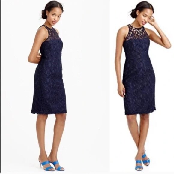 JCREW Formal Dress Navy Blue Lace Classic Cocktail Party Date Night Formal Sexy - Picture 1 of 7